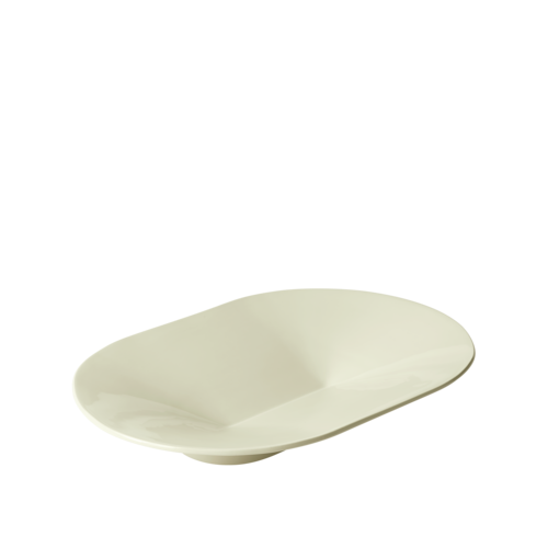 The Mere Bowl is a sculptural centerpiece, one that looks beautiful in a tablescape or space whether it is in use or not. Its characteristic shape is simple yet ingenious, as a line down its middle folds out to the sides forming a bowl. Elevated by a discrete foot, it looks as if floating. Manufactured in tactile ceramic stoneware, it has been coated in a high-gloss glaze that enhances the shadows that form along Mere Bowl’s fold. This surface treatment makes the bowl food safe. 